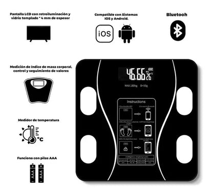 Balanza Bluetooth Control Corporal 180kg App Pilas AAA Fitness